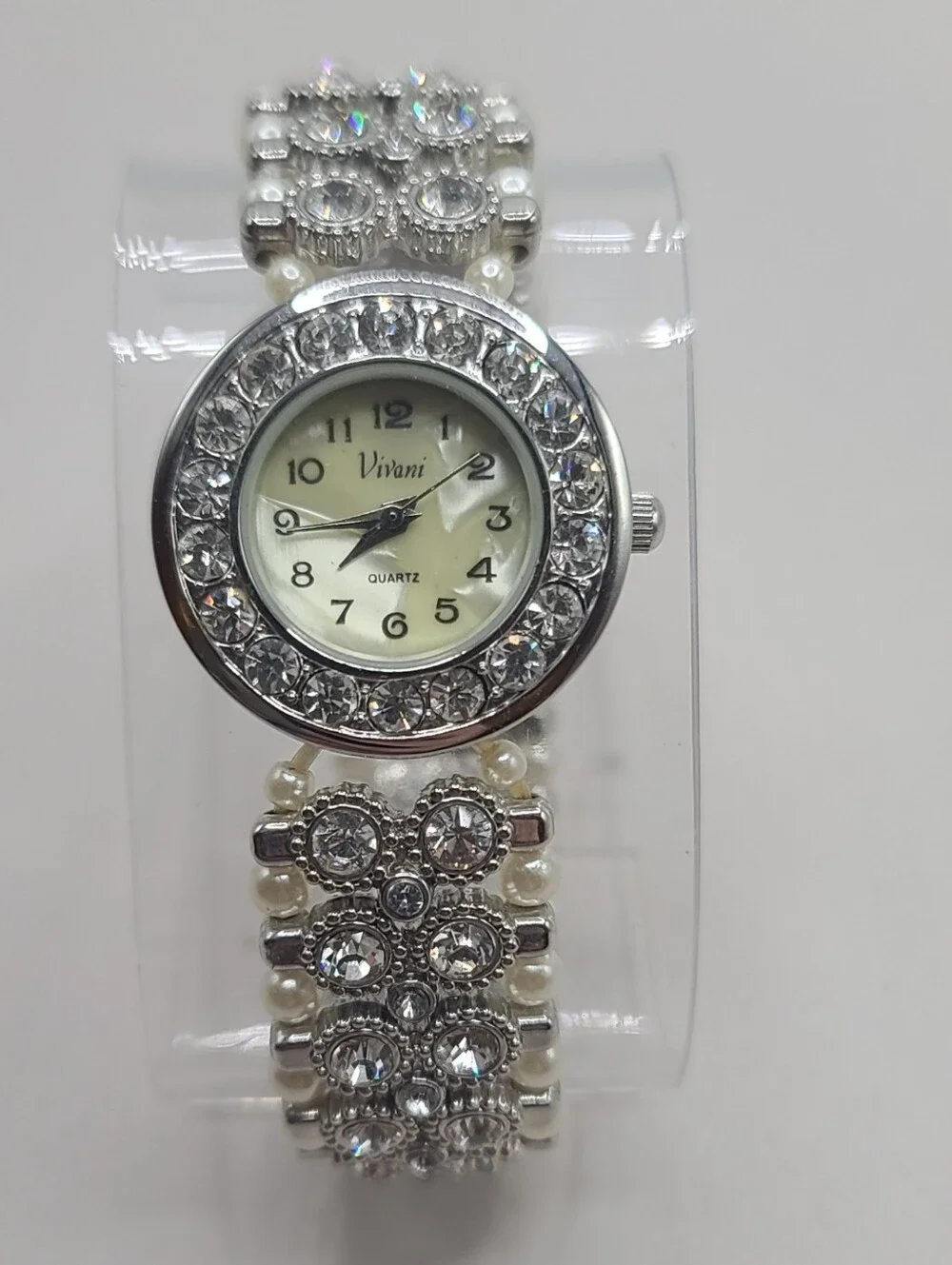 Vivani Faux Pearl Rhinestone Stretch Bracelet & Watch